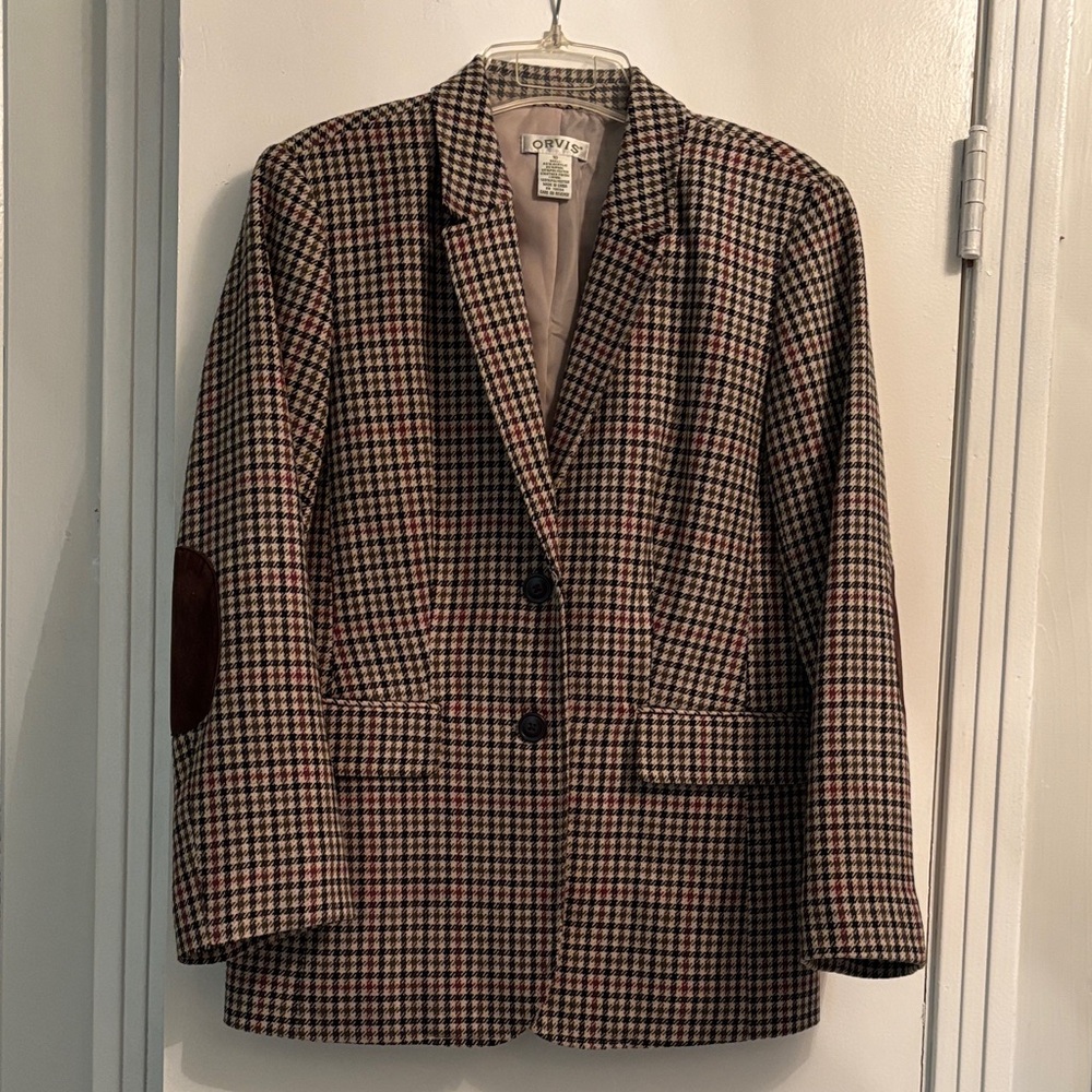 Orvis size 10 wool check plaid blazer with elbow patches.